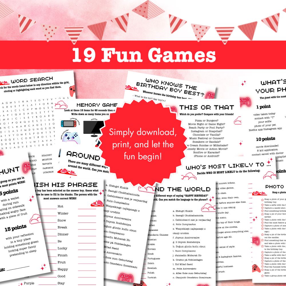 PLR Red Teen Birthday Party Game Bundle