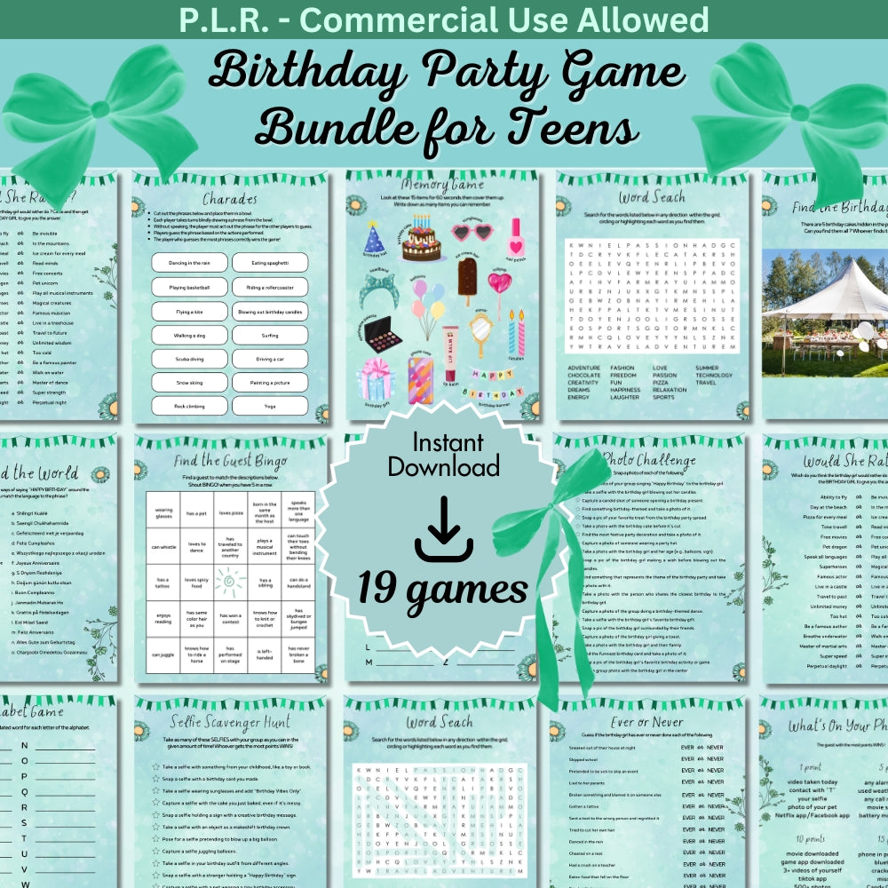 PLR Green Teen Birthday Party Game Bundle (Copy)