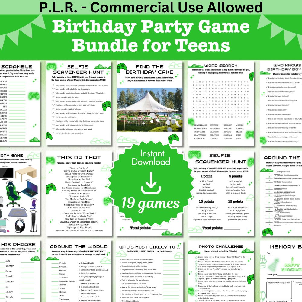 PLR Green Teen Birthday Party Game Bundle