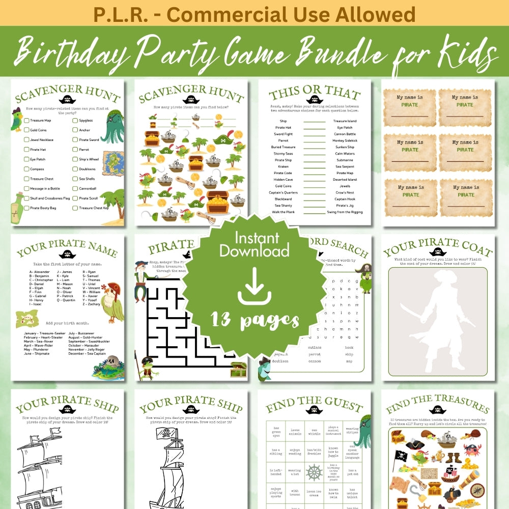 PLR Green Pirate Birthday Party Game Bundle