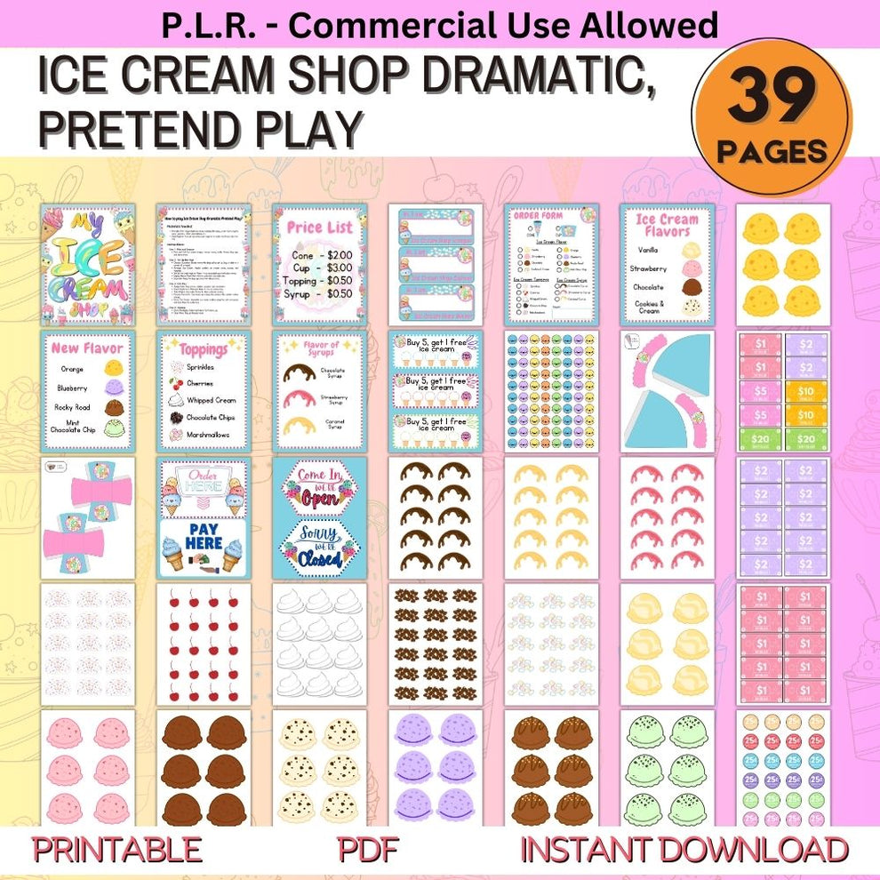 PLR Ice Cream Shop Pretend Play Printables Set plrprintablesstore