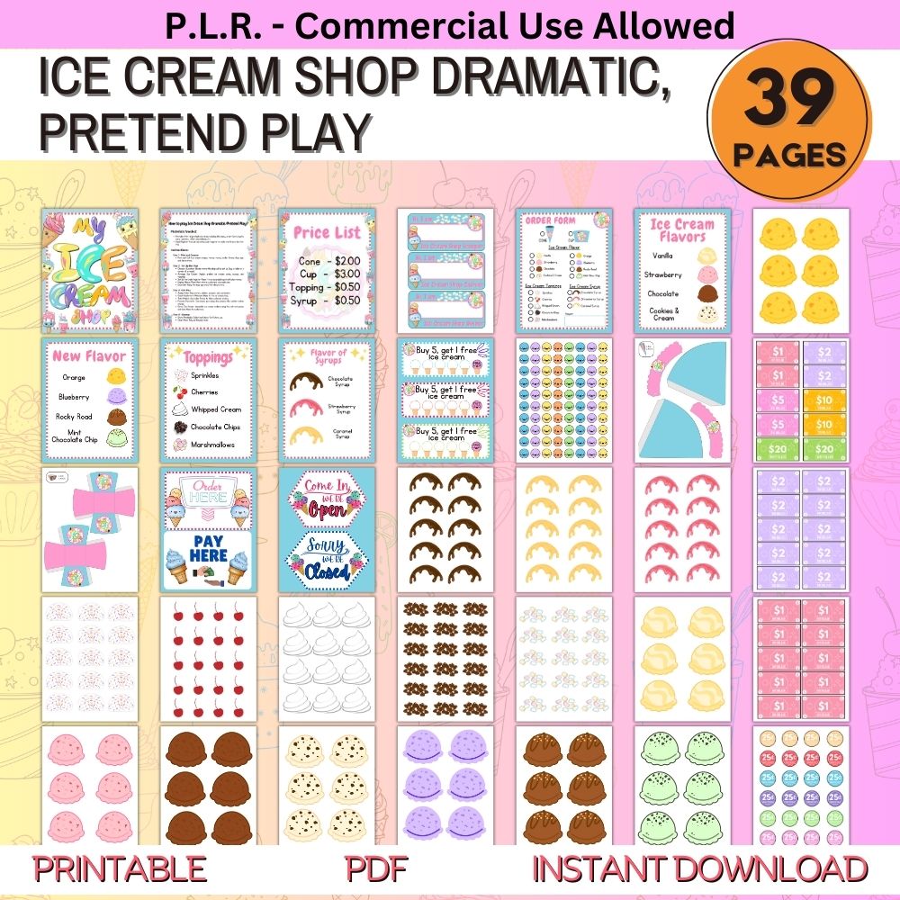 PLR Ice Cream Shop Pretend Play Printables Set