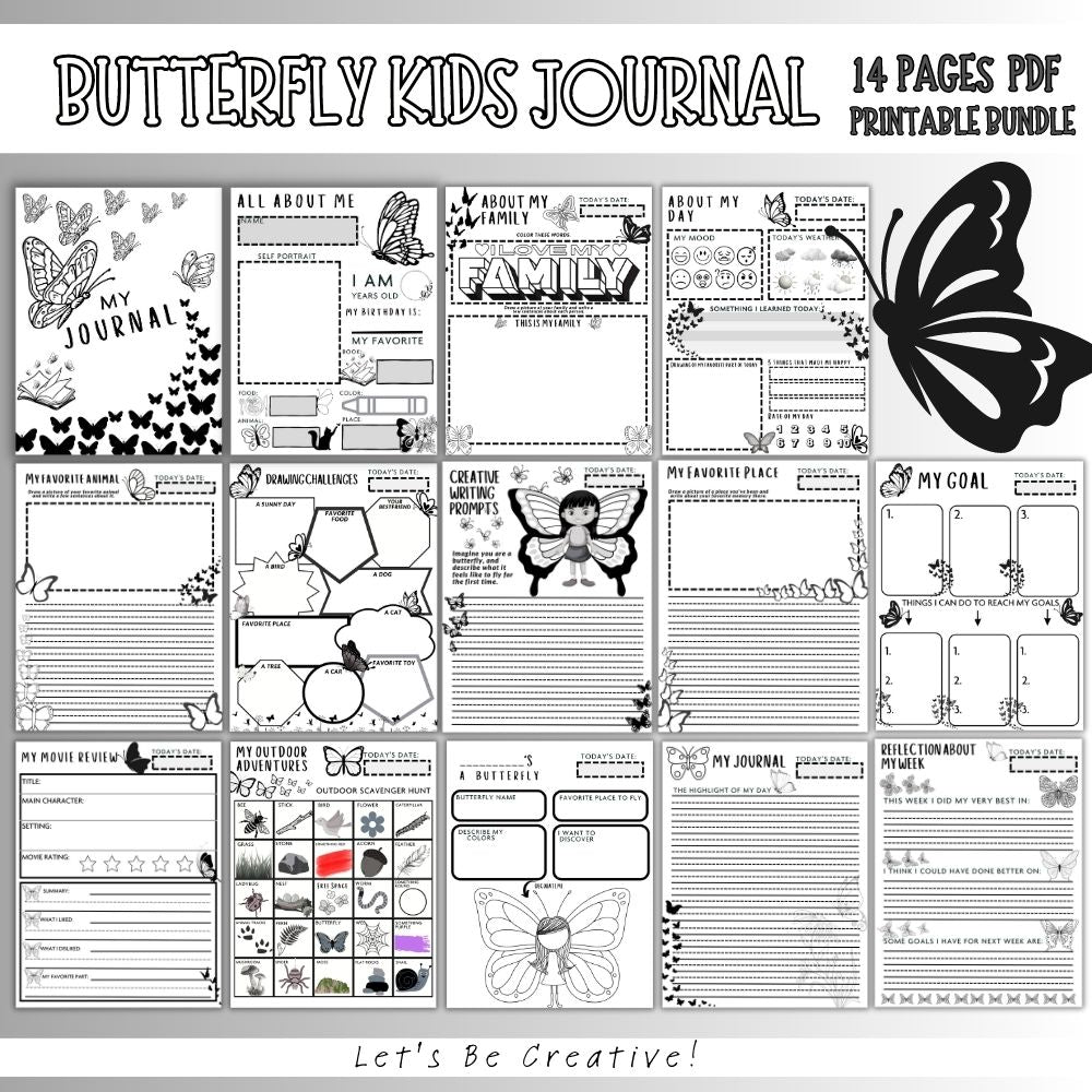 PLR Black and White Kids Butterfly Journal