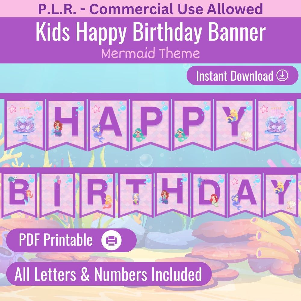 PLR Kids Mermaid Theme Birthday Banner