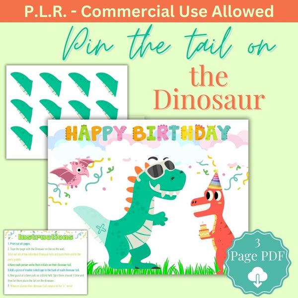 PLR Happy Birthday Pin the Tail on the Dinosaur – plr-printables-store