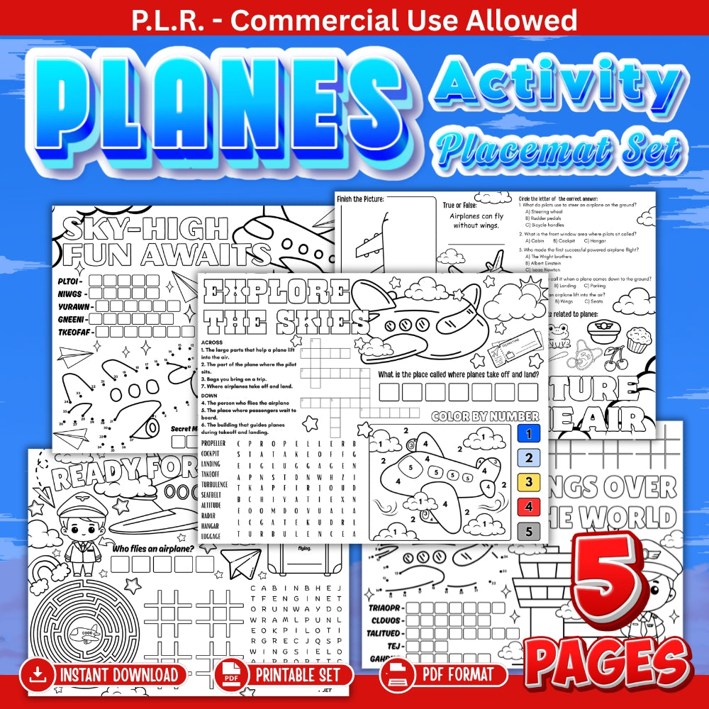 PLR Printable Planes Activity Placemats