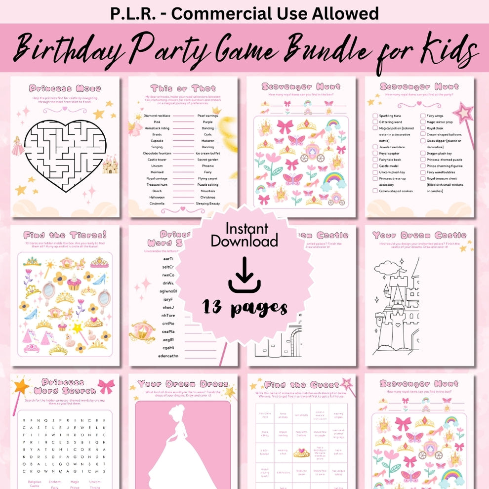 PLR Princess Birthday Party Game Bundle – plr-printables-store