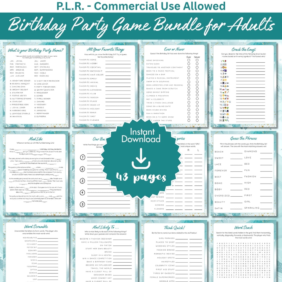 PLR Printable Birthday Party Game Bundle for Adults – plr-printables-store