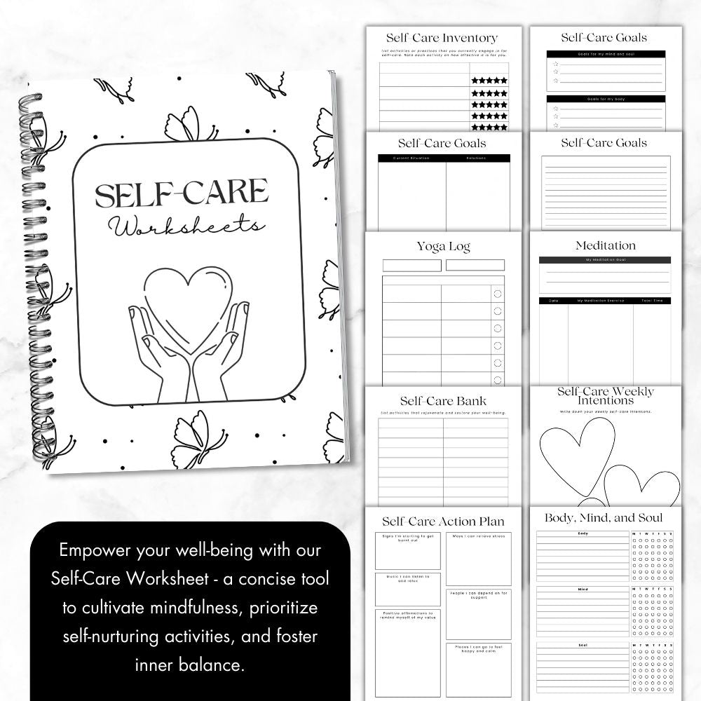 PLR Black and White Self-Care Worksheet Set