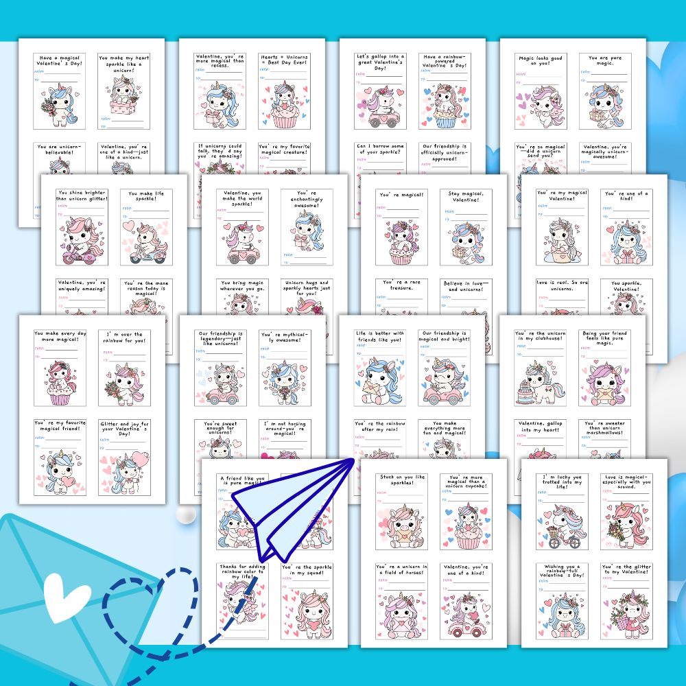 PLR Printable Cute Unicorn Valentine Card Set