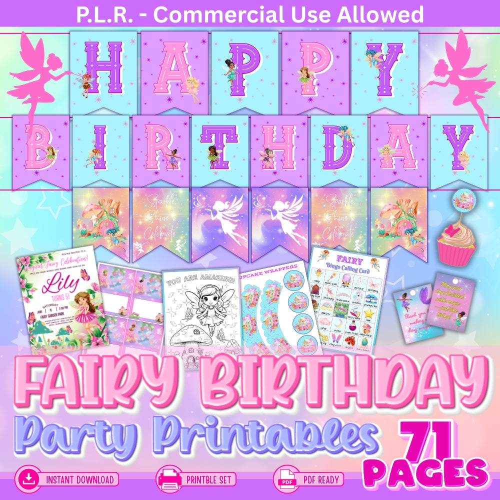 PLR Printable Fairy Birthday Party Bundle plrprintablesstore