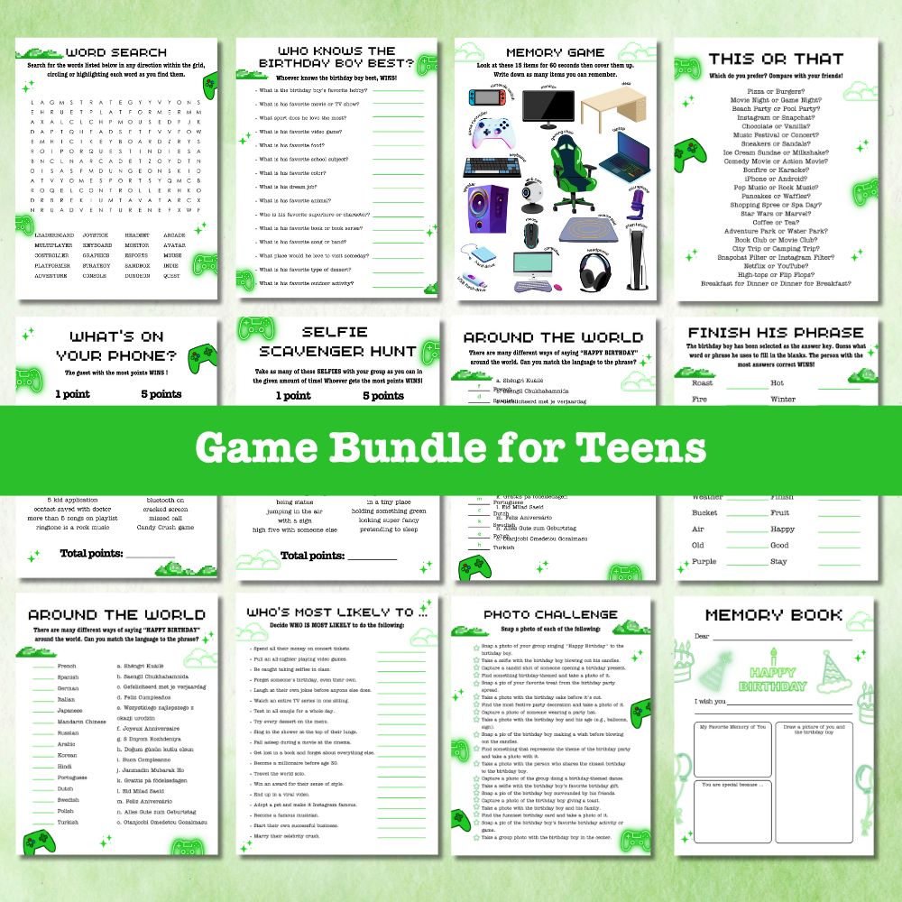 PLR Green Teen Birthday Party Game Bundle