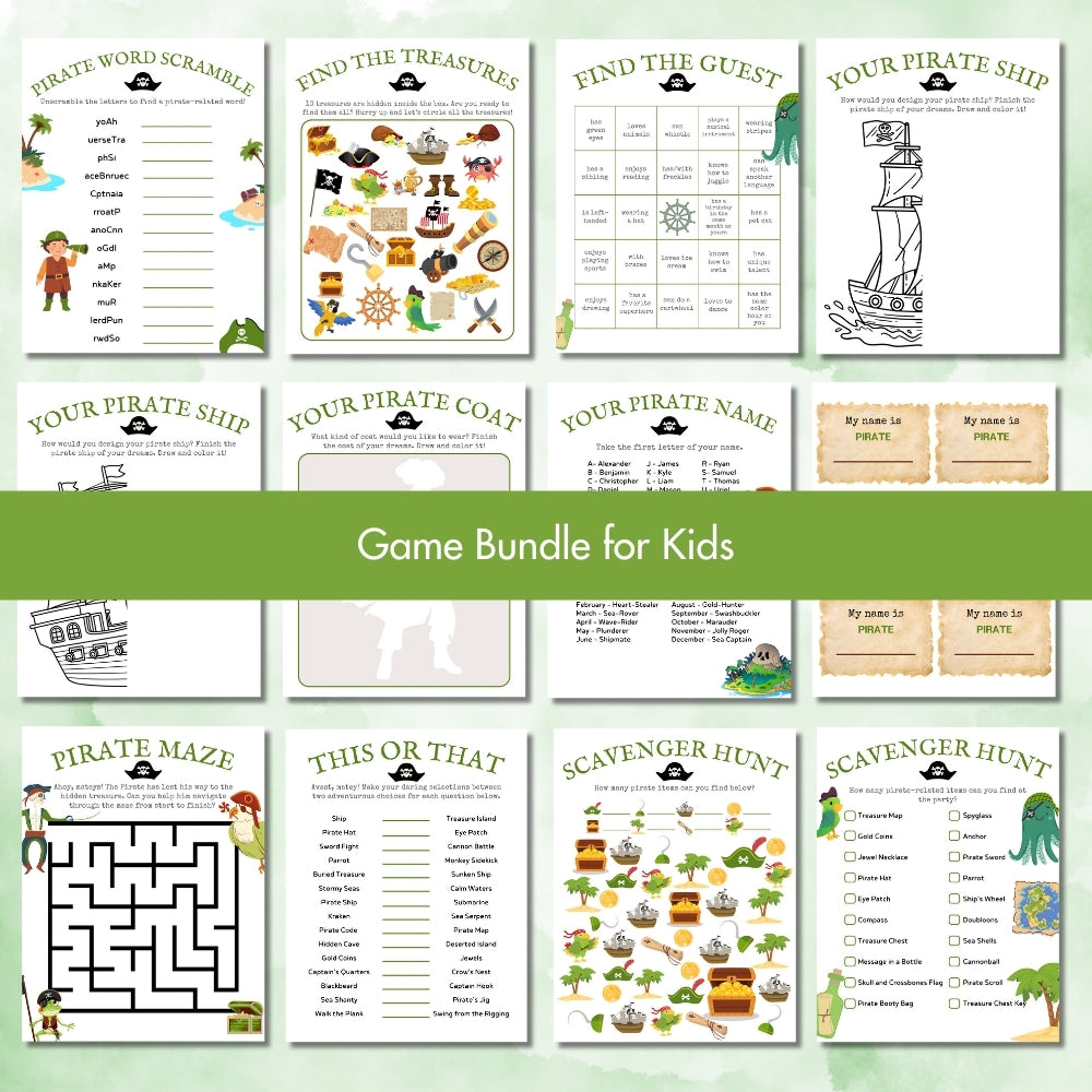 PLR Green Pirate Birthday Party Game Bundle