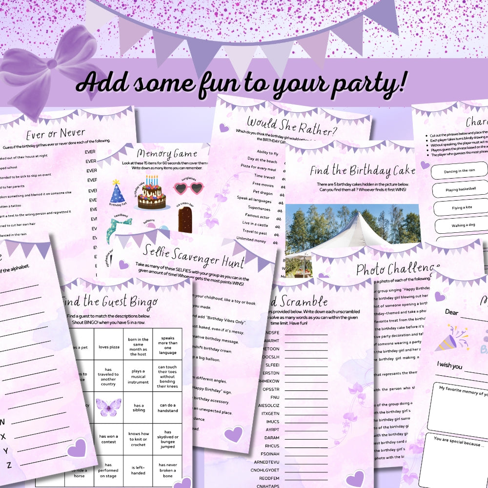 PLR Purple Teen Birthday Party Game Bundle