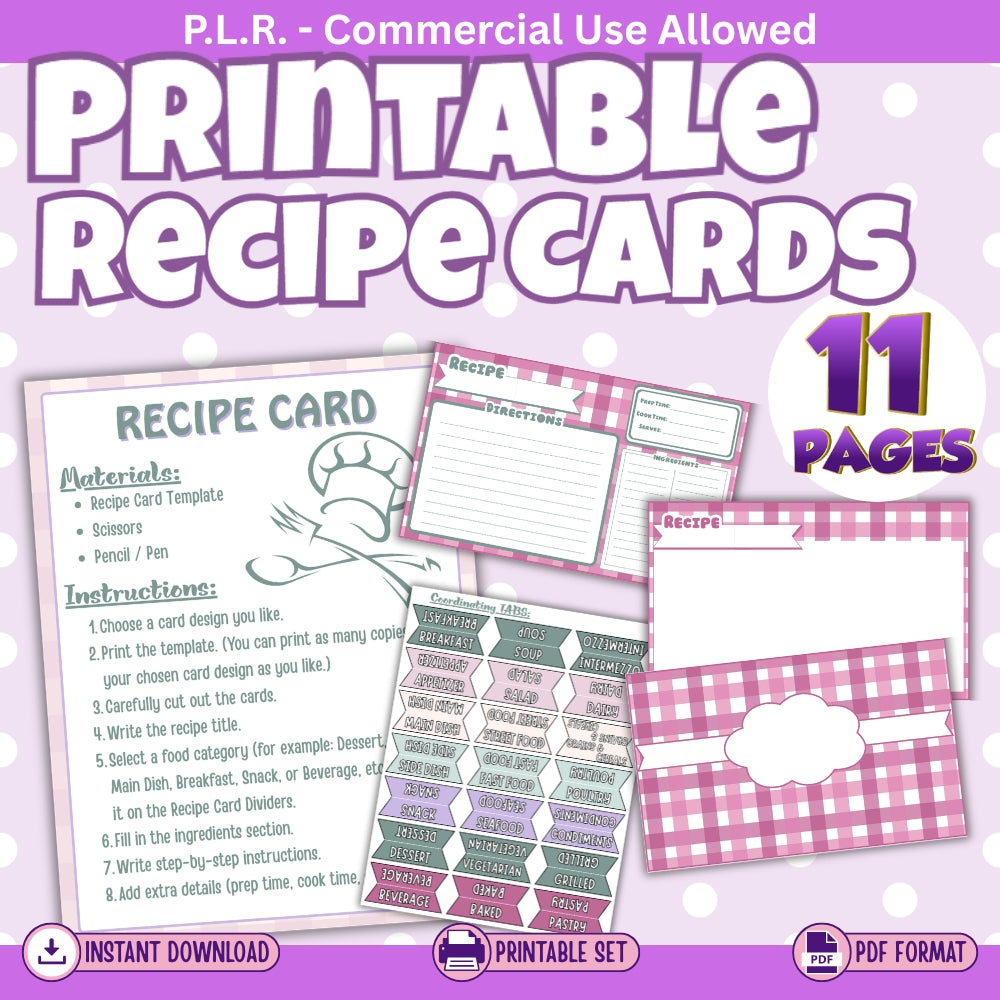 PLR Printable Recipe Cards Purple/Green
