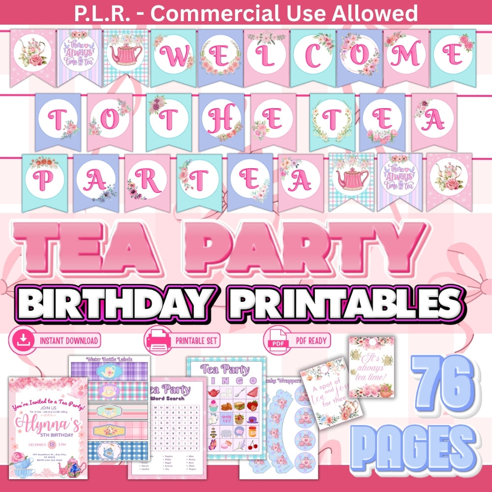 PLR Printable Tea Party Birthday Party Bundle – plr-printables-store