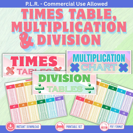PLR Printable Times Tables, Multiplication Chart, & Division Tables
