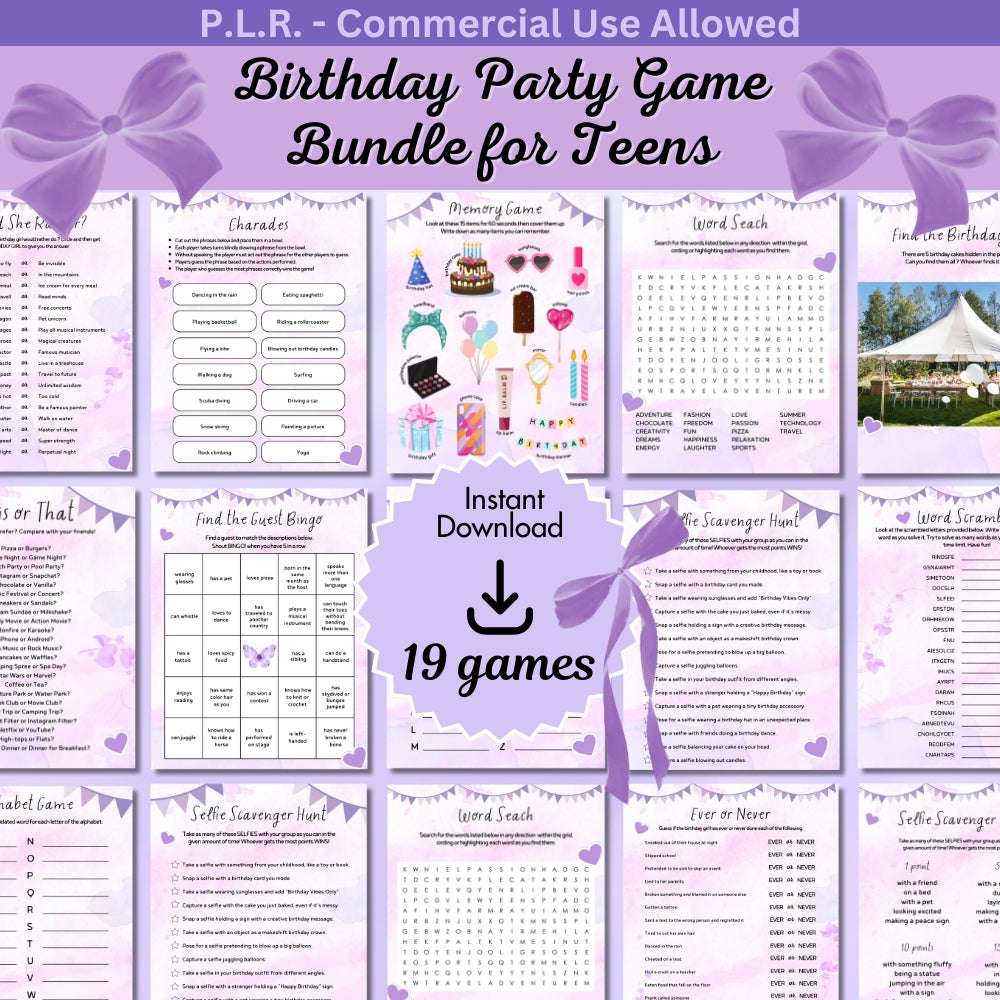 PLR Purple Teen Birthday Party Game Bundle