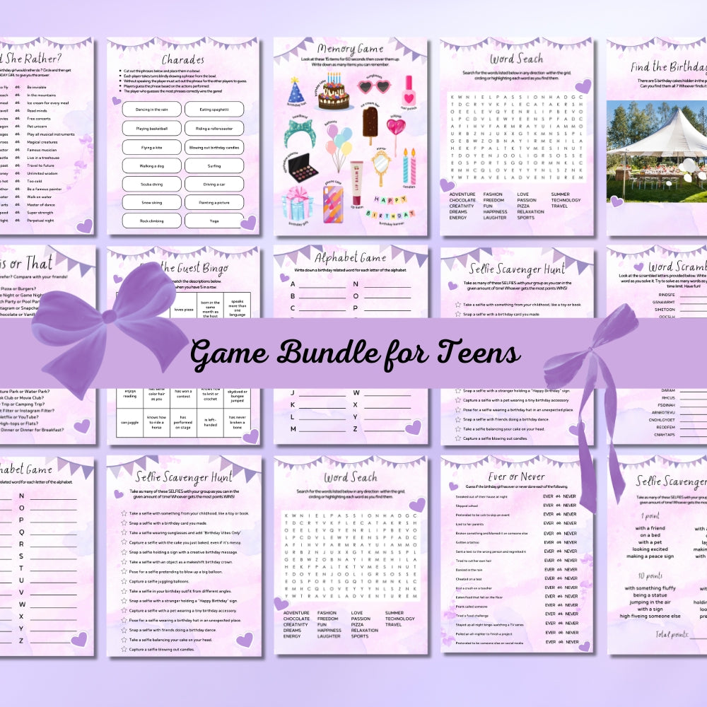 PLR Purple Teen Birthday Party Game Bundle