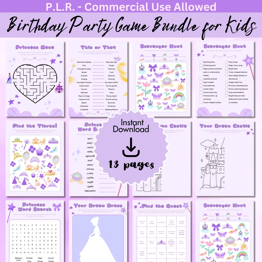 PLR Purple Princess Birthday Party Game Bundle