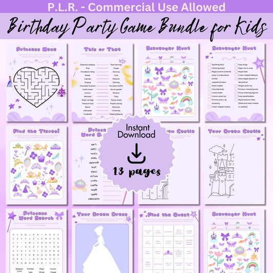 PLR Purple Princess Birthday Party Game Bundle