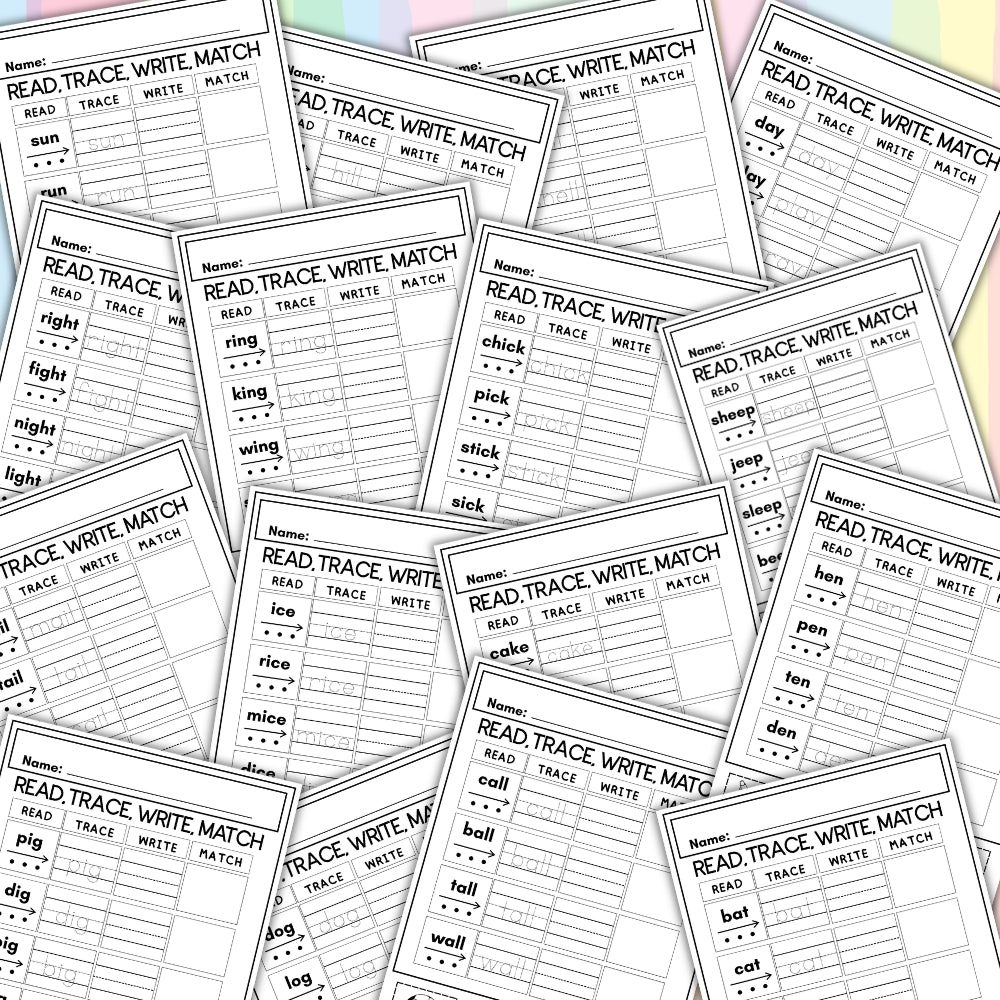 PLR Printable Read, Trace, Write, Match Worksheets