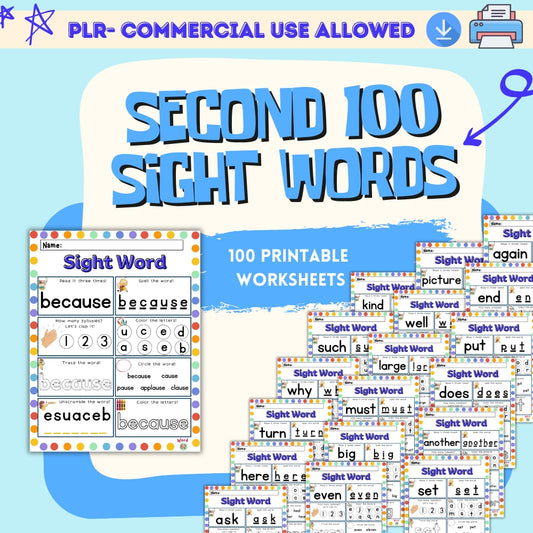 PLR Second 100 Sight Words Worksheets