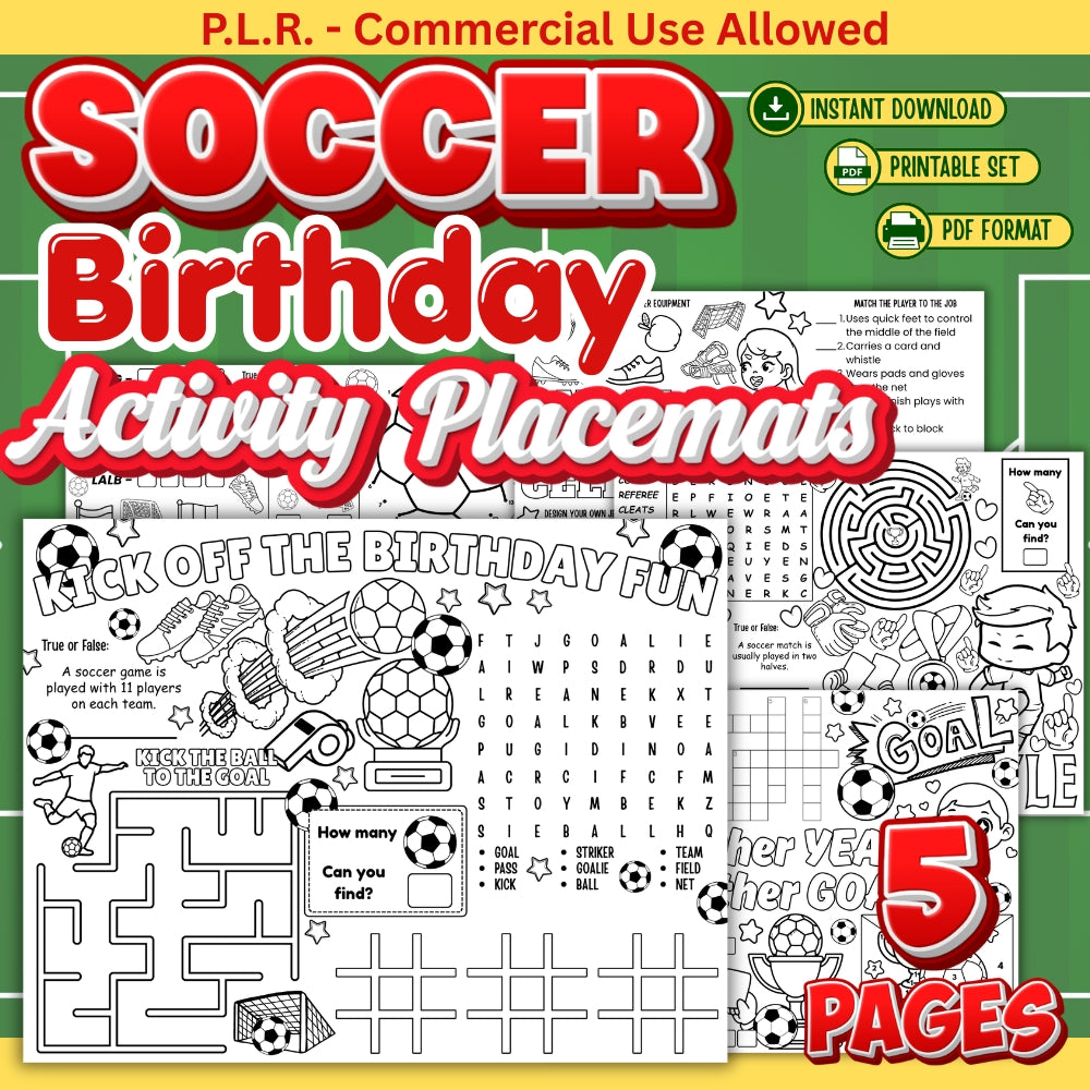 PLR Printable Soccer Birthday Activity Placemats