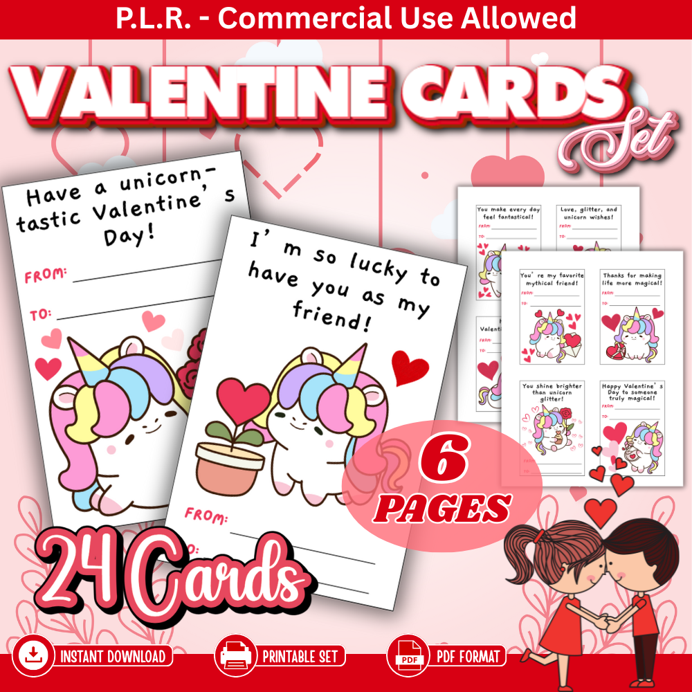PLR Printable Unicorn Valentine Card Set