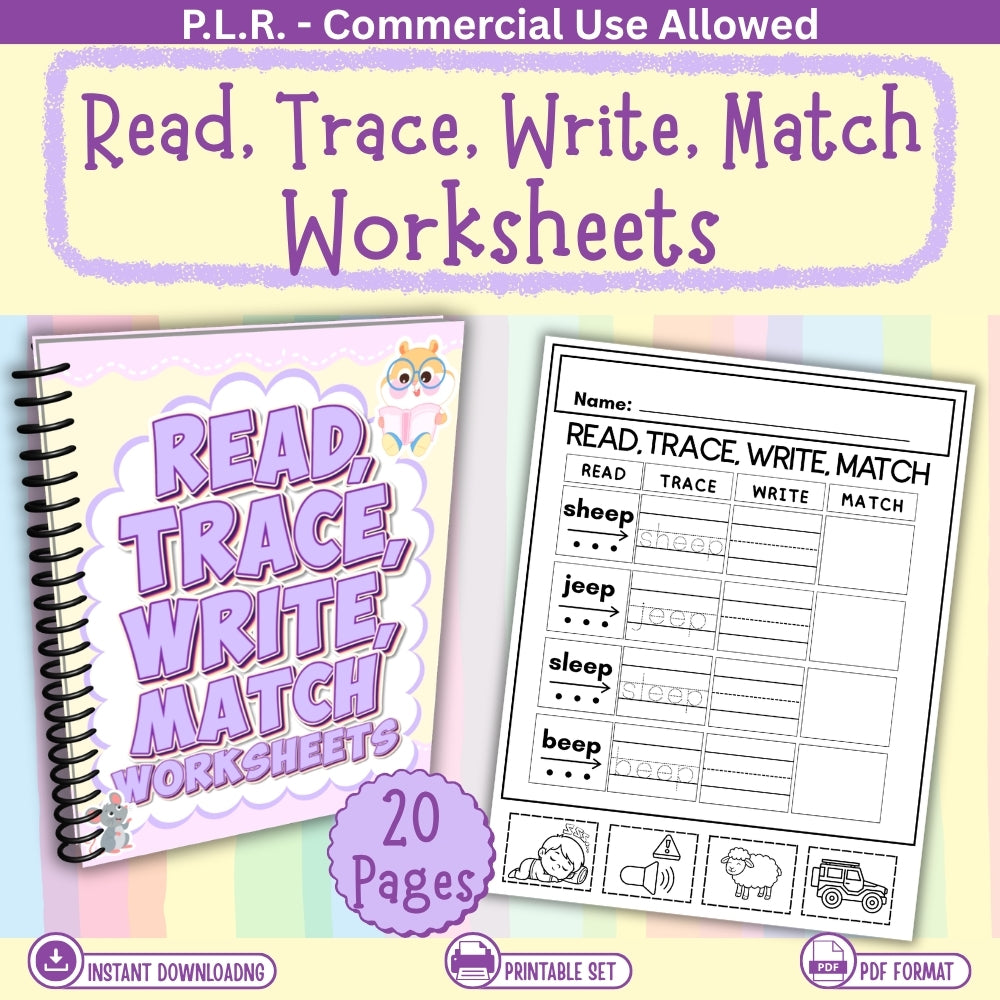 PLR Printable Read, Trace, Write, Match Worksheets