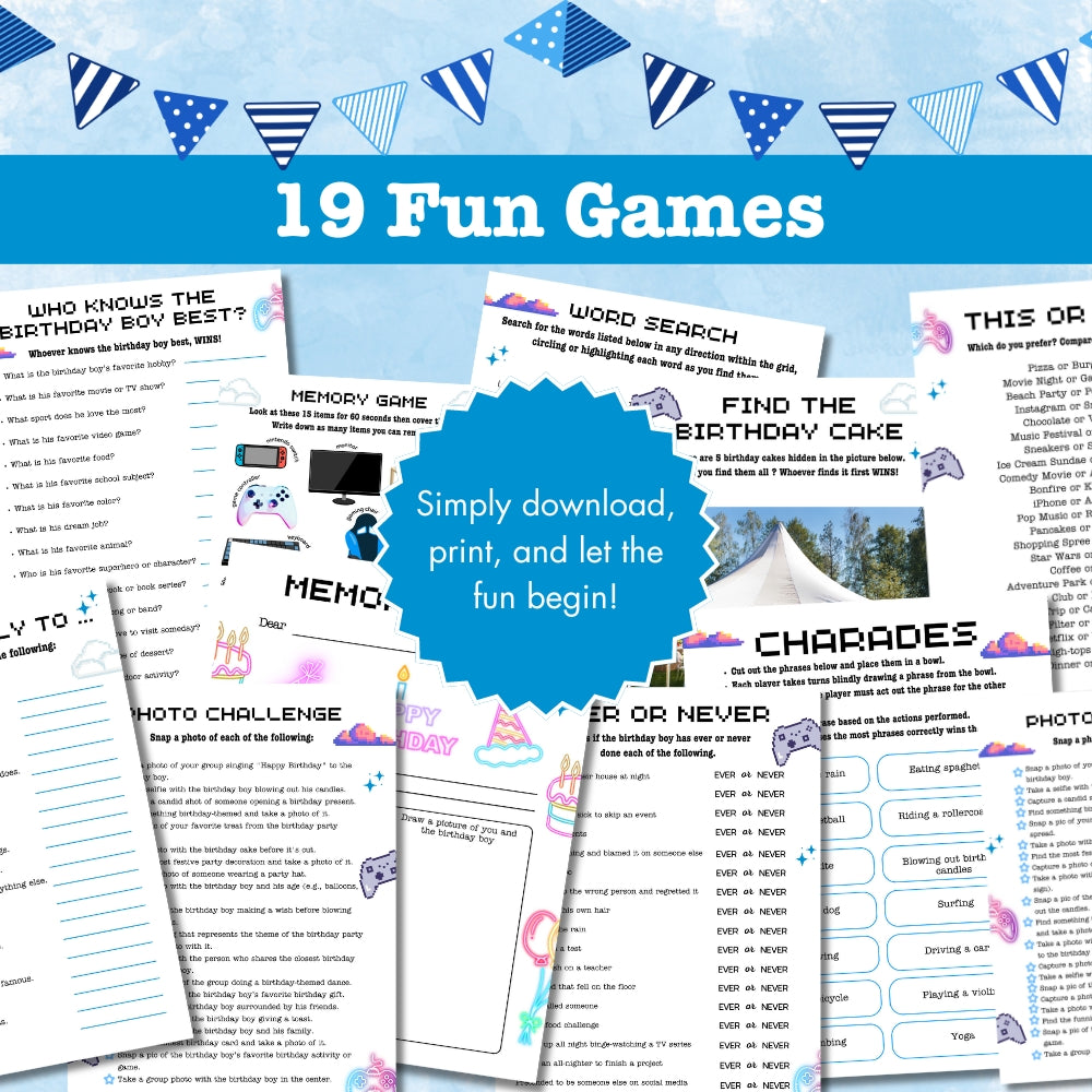 PLR Blue Teen Birthday Party Game Bundle