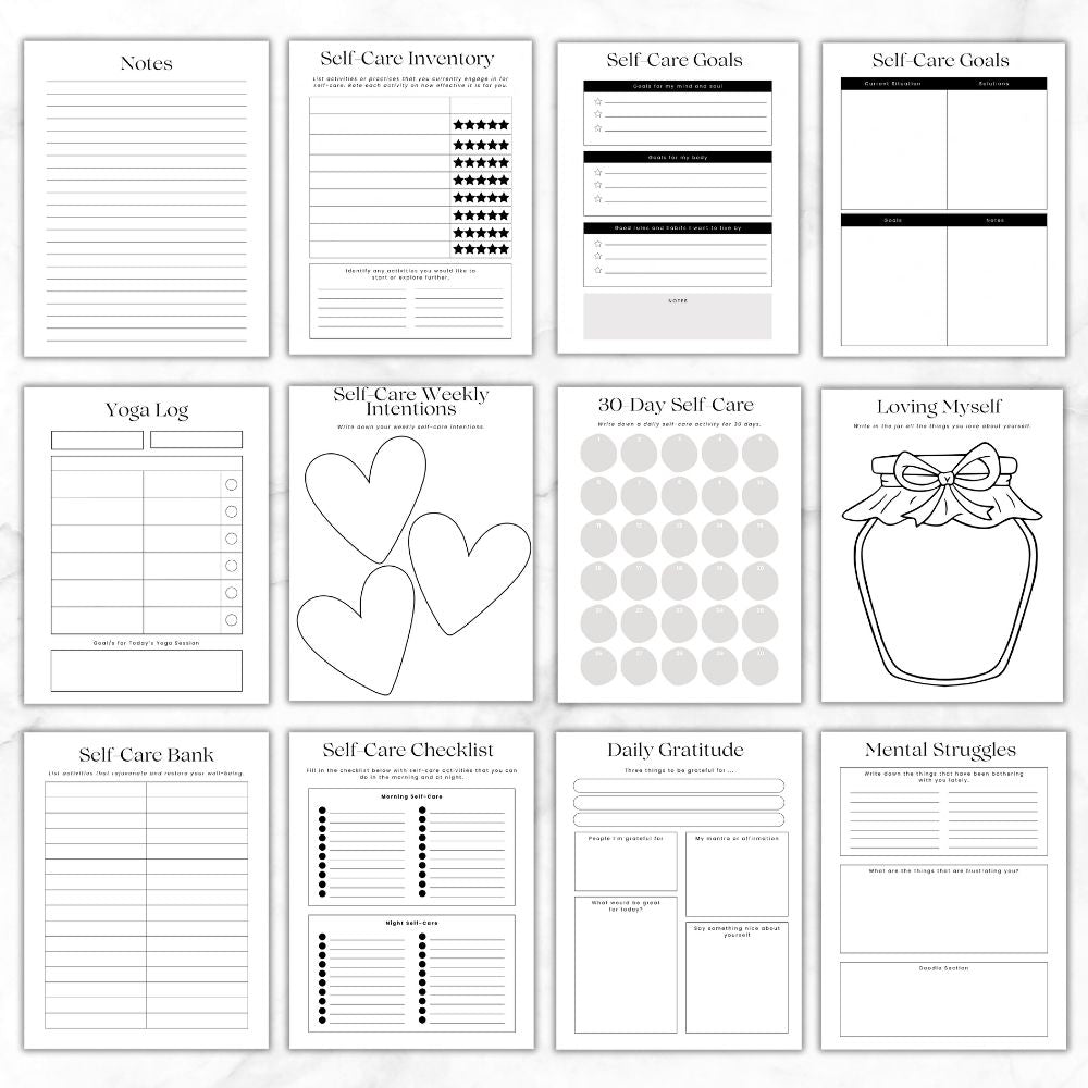 PLR Black and White Self-Care Worksheet Set