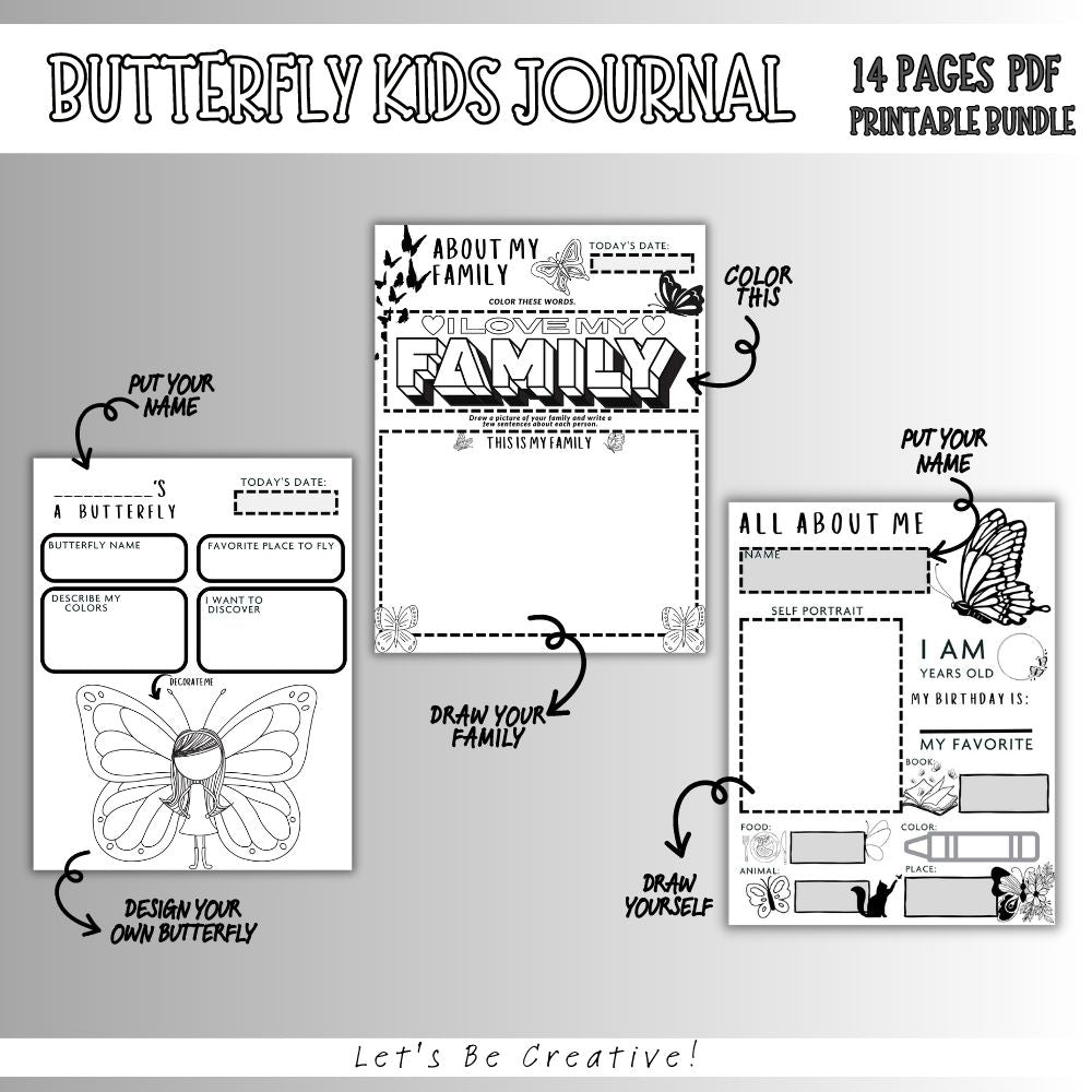 PLR Black and White Kids Butterfly Journal