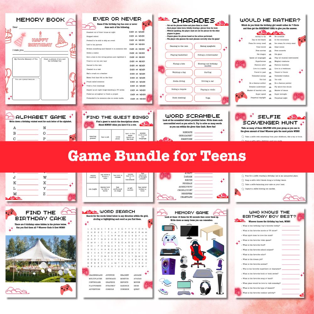 PLR Red Teen Birthday Party Game Bundle