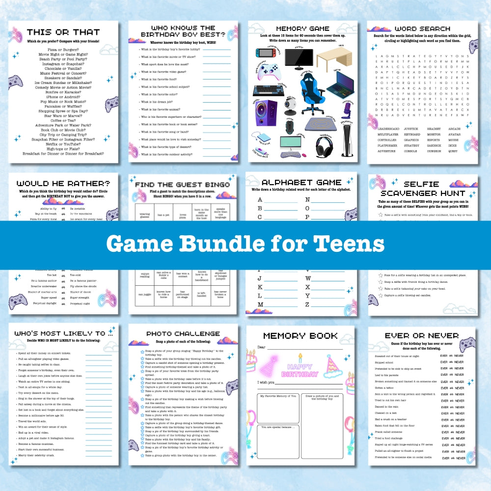 PLR Blue Teen Birthday Party Game Bundle