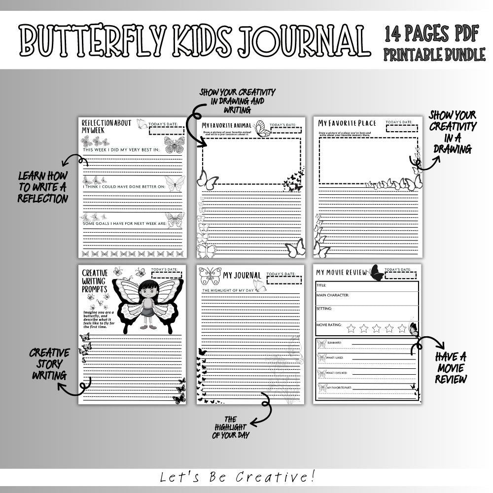 PLR Black and White Kids Butterfly Journal