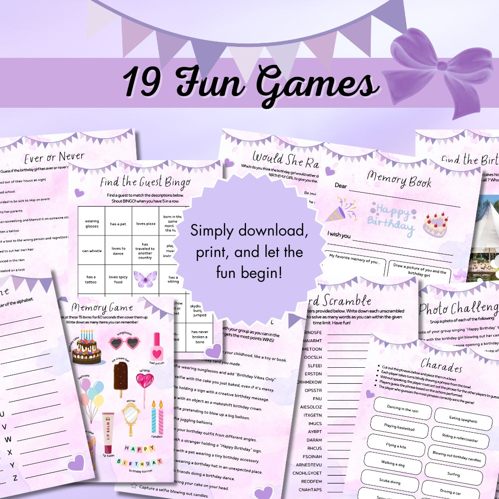 PLR Purple Teen Birthday Party Game Bundle