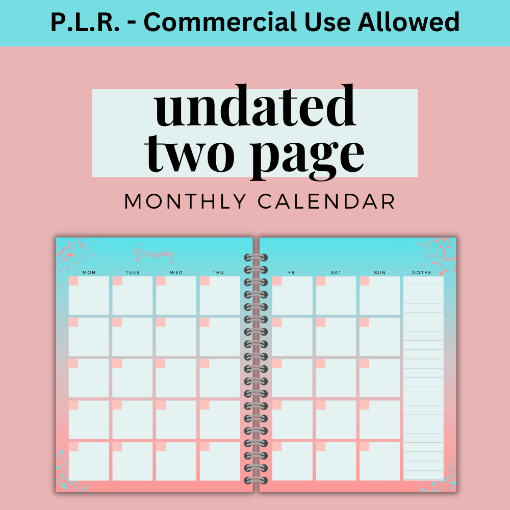 PLR Calendar - 2 Page Undated (Aqua/Pink)