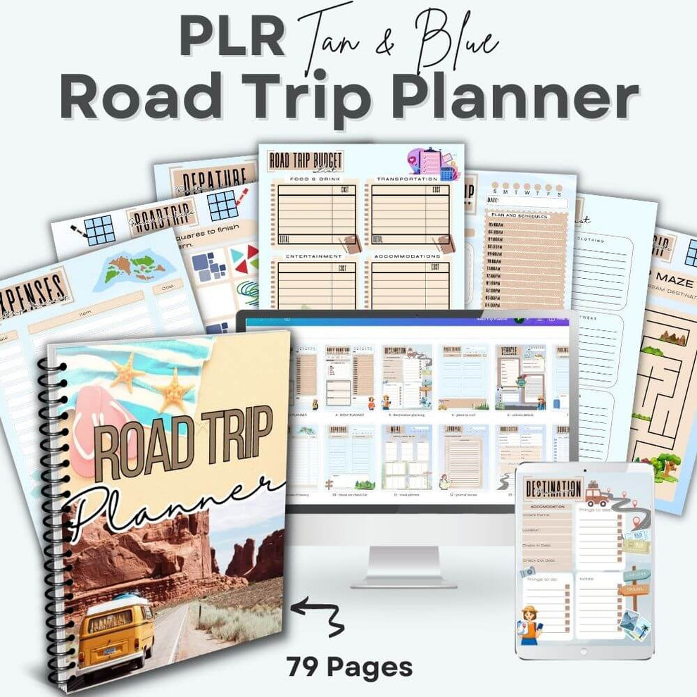 PLR Road Trip Planner in Blue and Tan plrprintablesstore